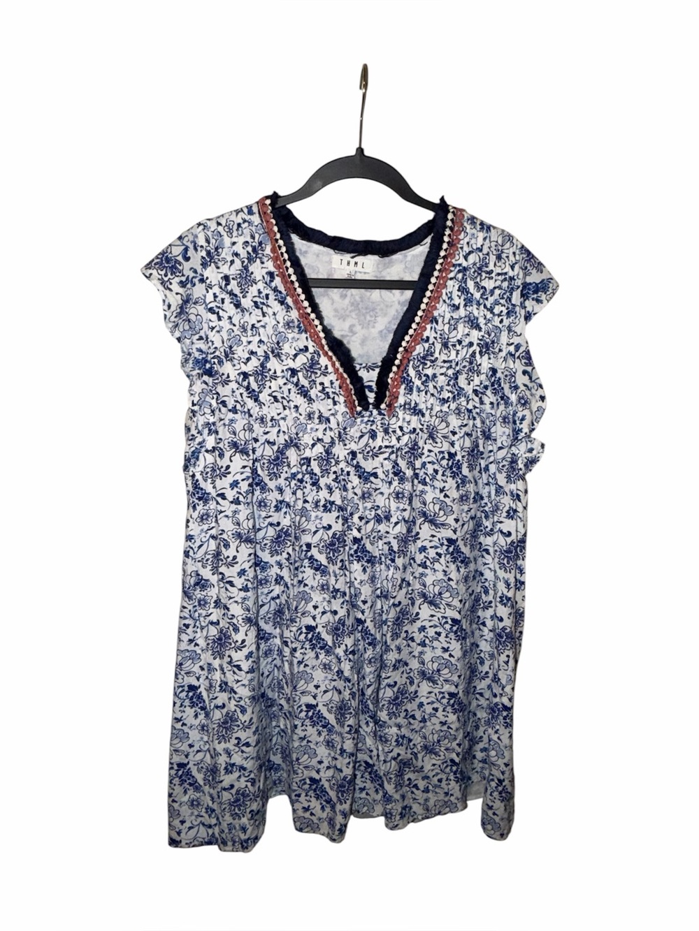 THML White & Blue Floral V-Neck double layered Dress with Embroidered Trim